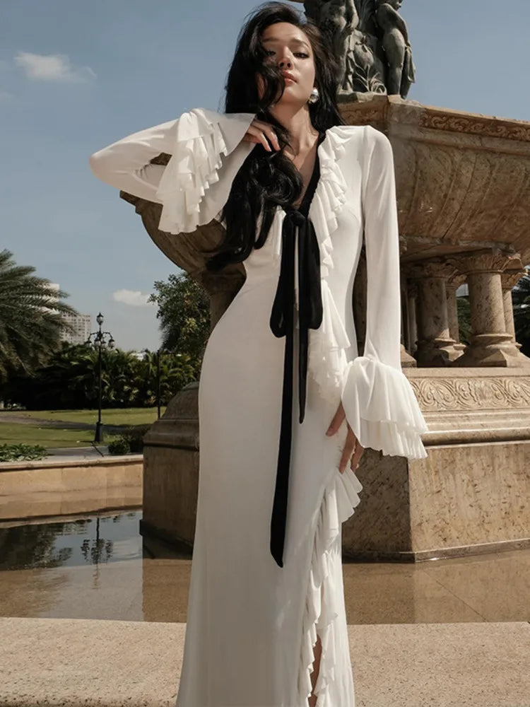 Long Sleeve Ruffled Slit Chic Maxi Dress