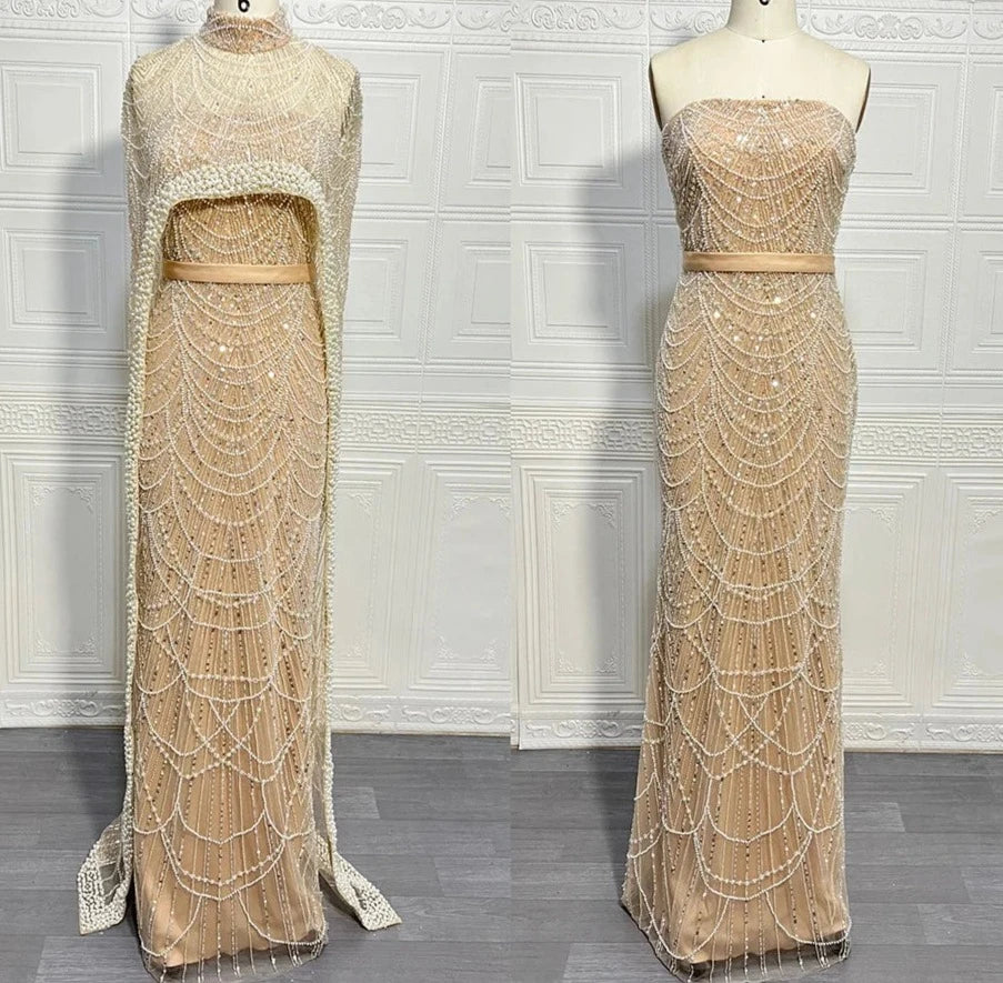 Pearl Mermaid Wedding Cape Evening Party Dress
