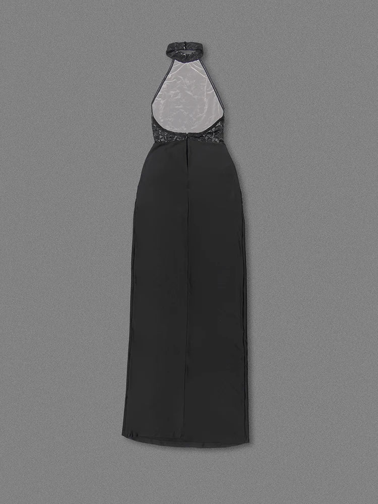 Halter Neck Lace Patchwork Black Strap Maxi Dress