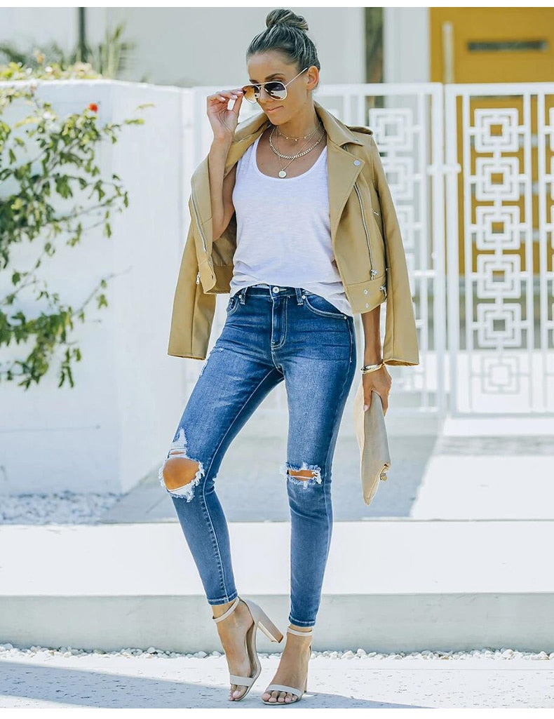 Blue Ripped High Waist Slim Denim Jean