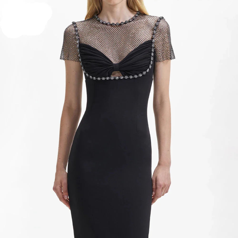 Black Diamante Evening Midi Party Dress