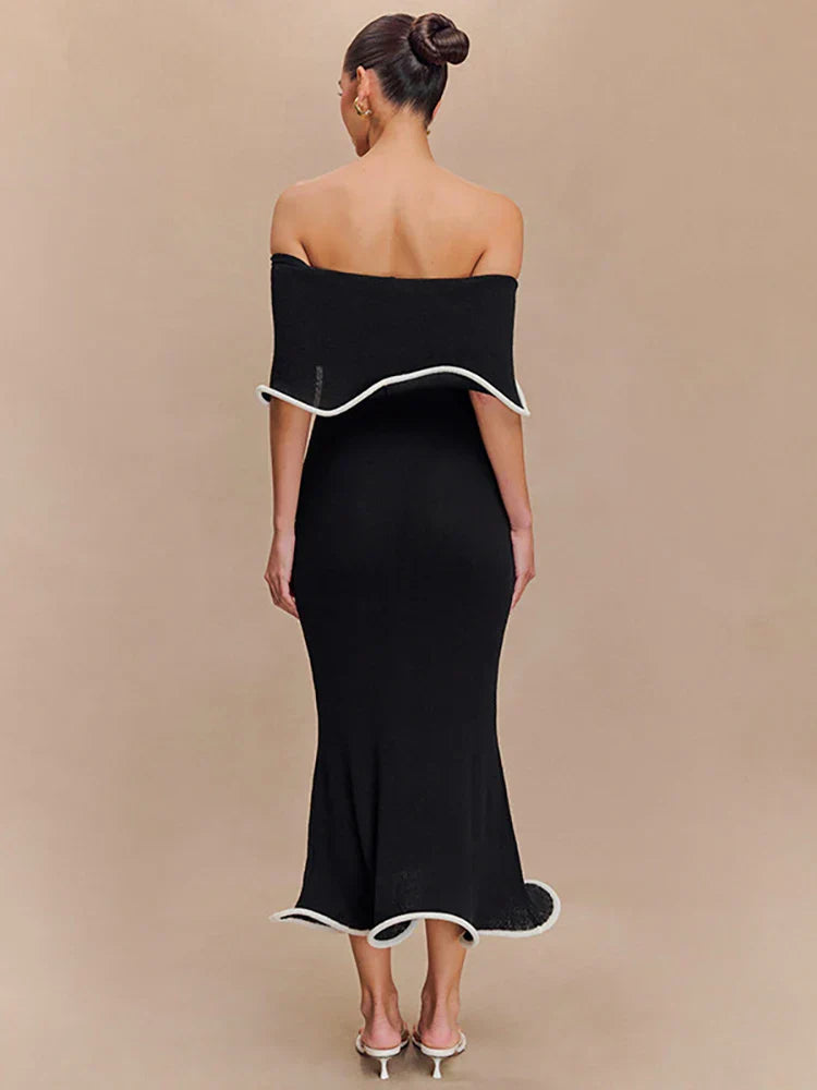 Strapless Ruffled Black Party Midi Dress