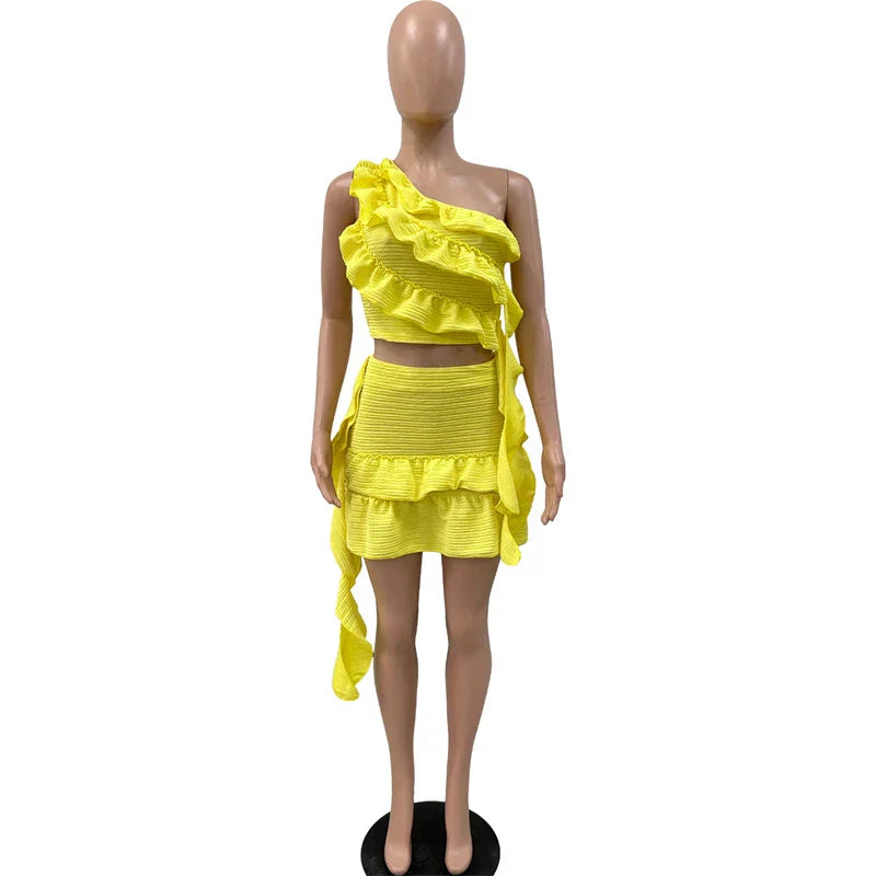 Ruffled Ribbon One Shoulder Crop Mini Dress