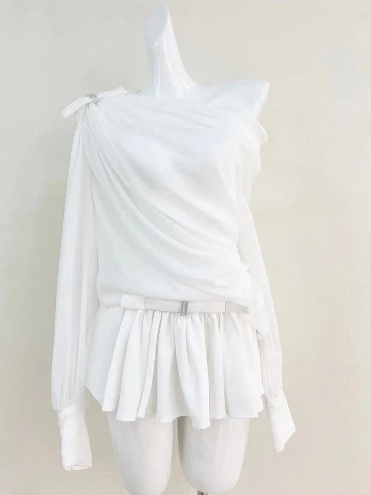 Skew Collar Lantern Sleeve Bowknot Suit Mini Dress
