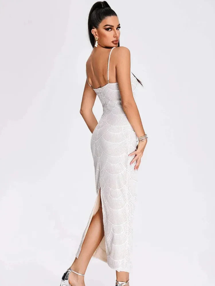 V-Neck White Pearl Beading Maxi Dress