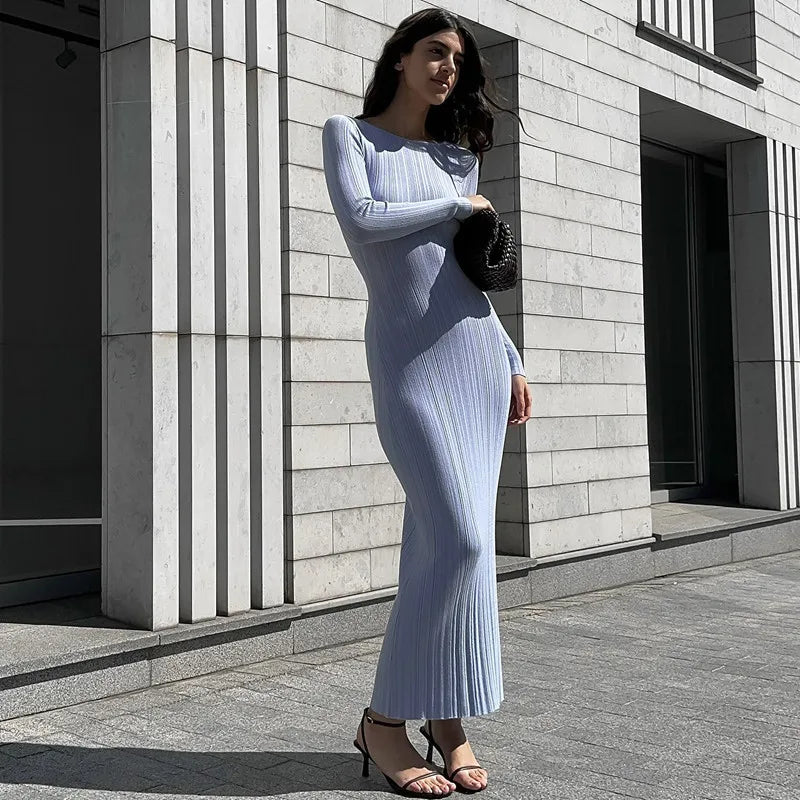 Ribbed Long Sleeve Maxi Party Dress