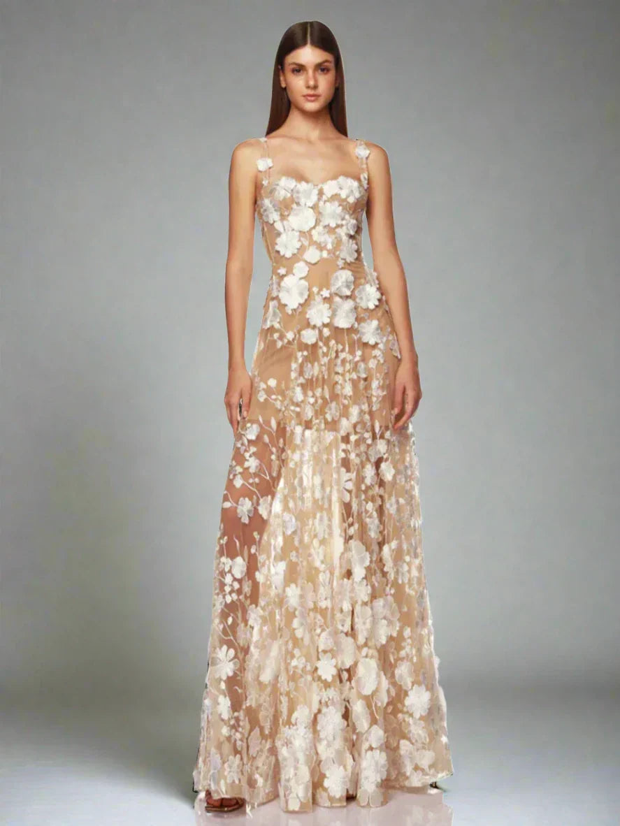 Floral Embroidered Mesh Maxi Party Dress