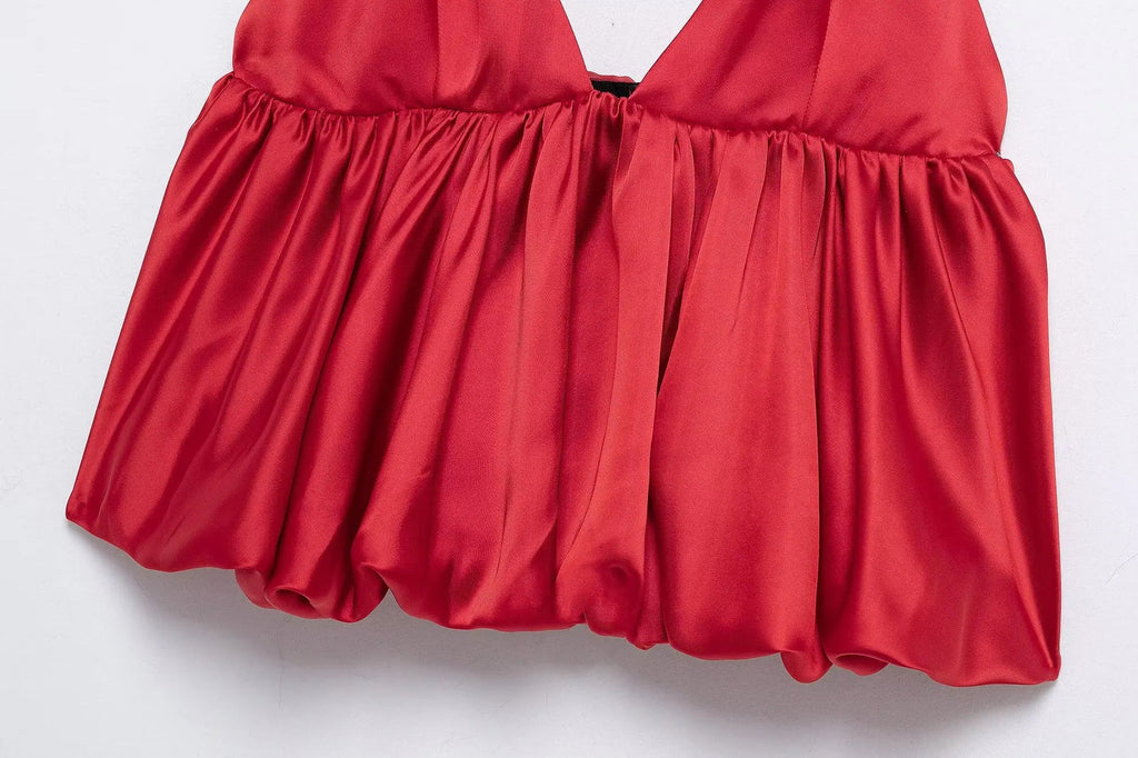Red Satin Puff Short Camisole Party Dress