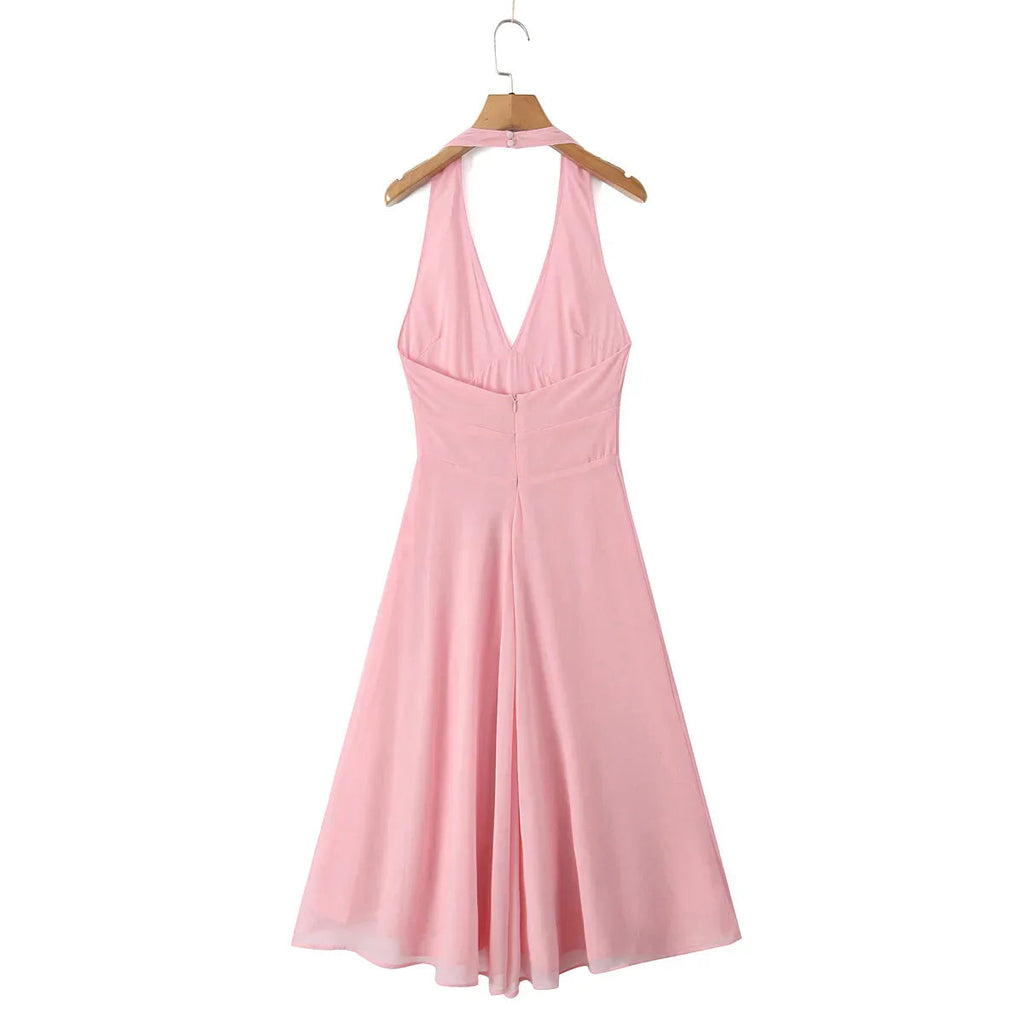Pink Deep V Halter Sling Midi Dress