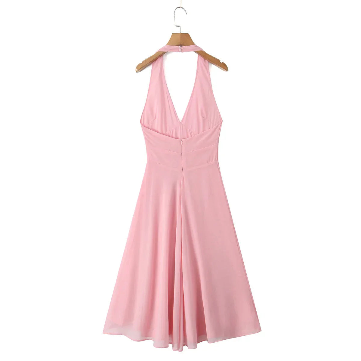 Pink Deep V Halter Sling Midi Dress