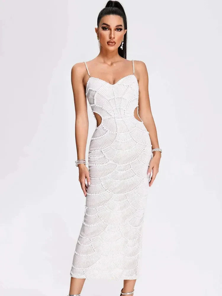 V-Neck White Pearl Beading Maxi Dress