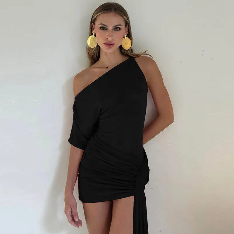 Draped Irregular Oblique Shoulder Mini Dress