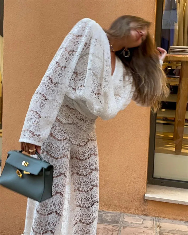 White Lace Two-Piece Loose Pants Party Dress