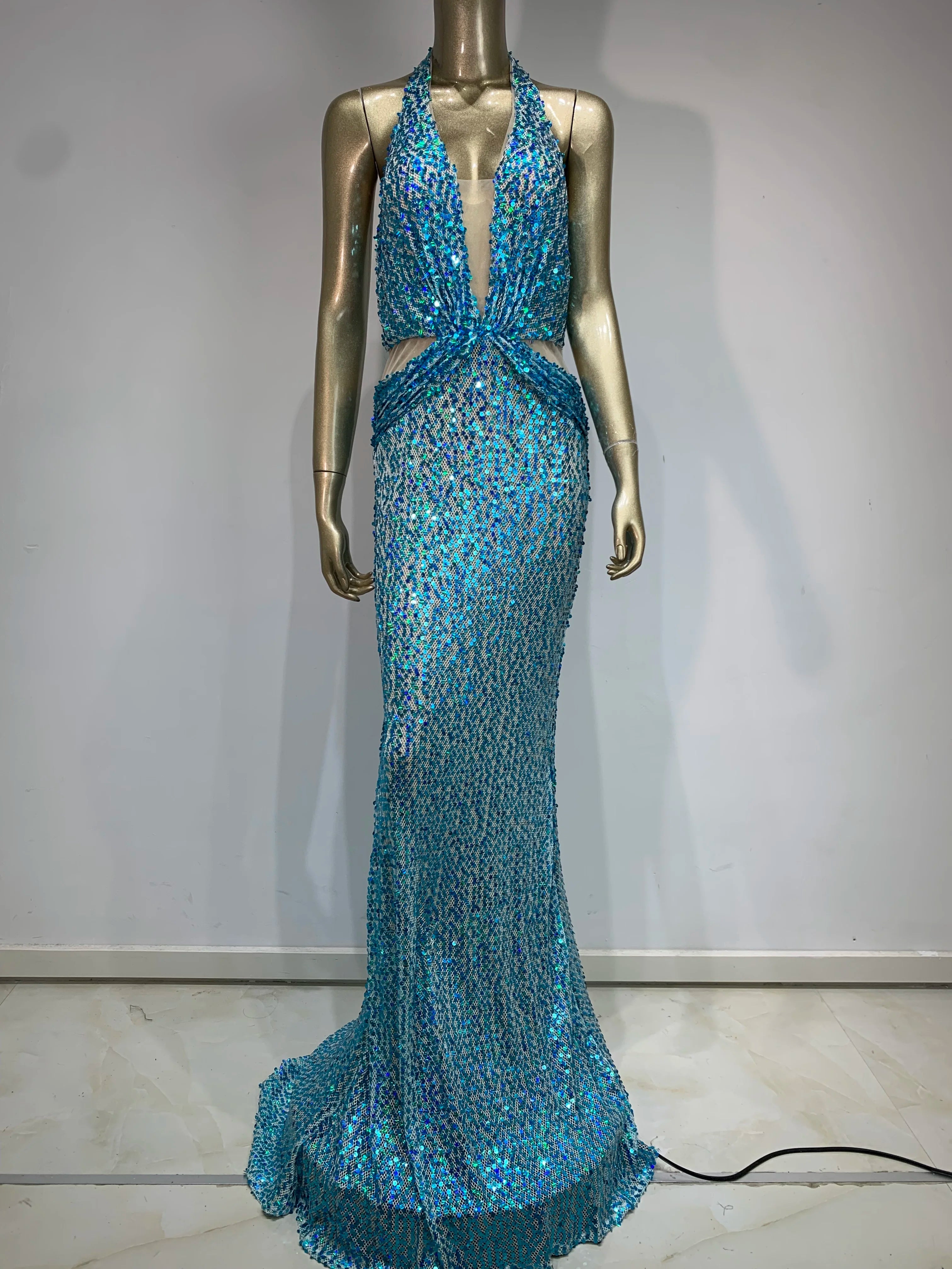 Halter Blue Sequined Glitter Maxi Party Dress