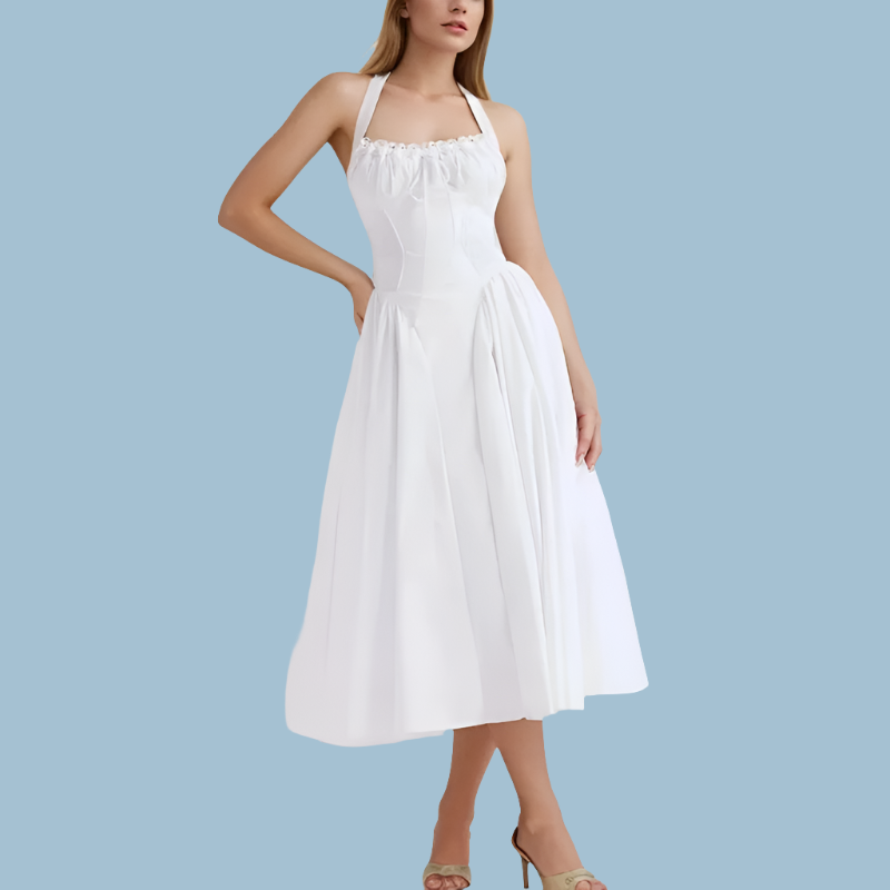 Corset Bow Halter Lace Spliced Midi Dress