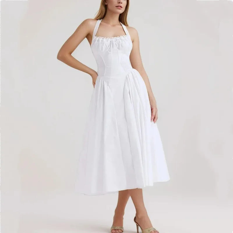Corset Bow Halter Lace Spliced Midi Dress