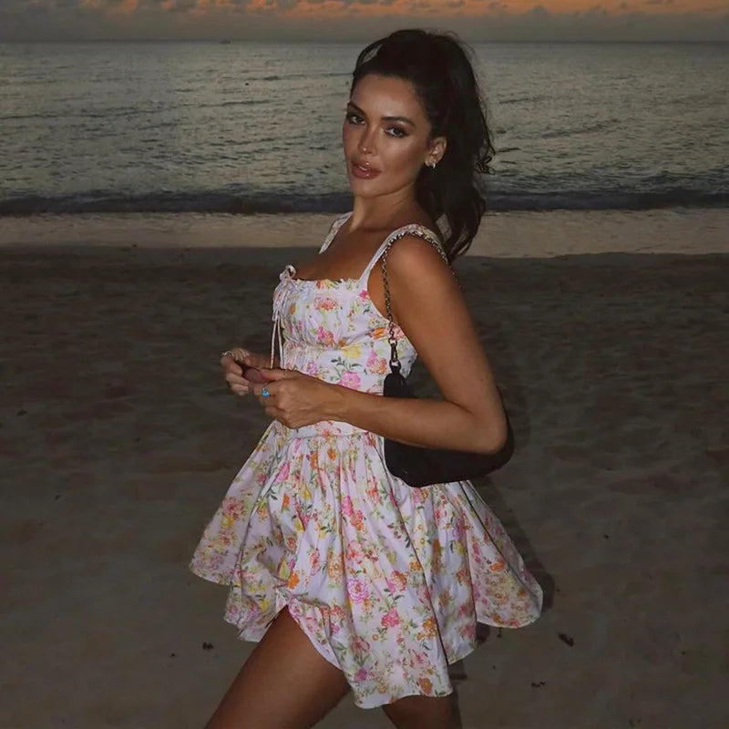 Floral Print Open Back Corset A Line Mini Dress