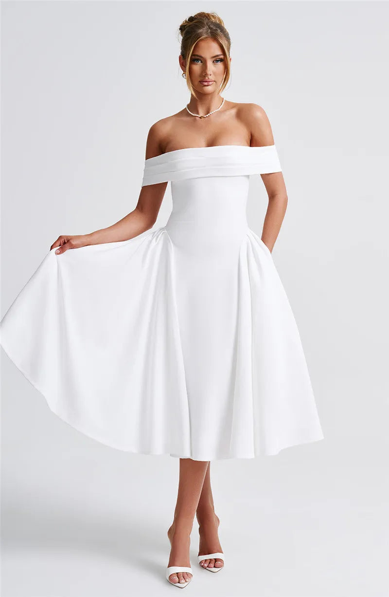 Off Shoulder Flared Elegant Midi Dress