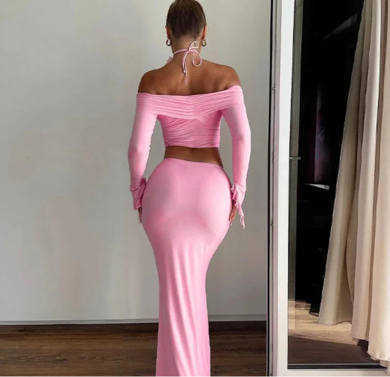 Off Shoulder Crop Top Bodycon Maxi Skirt Set