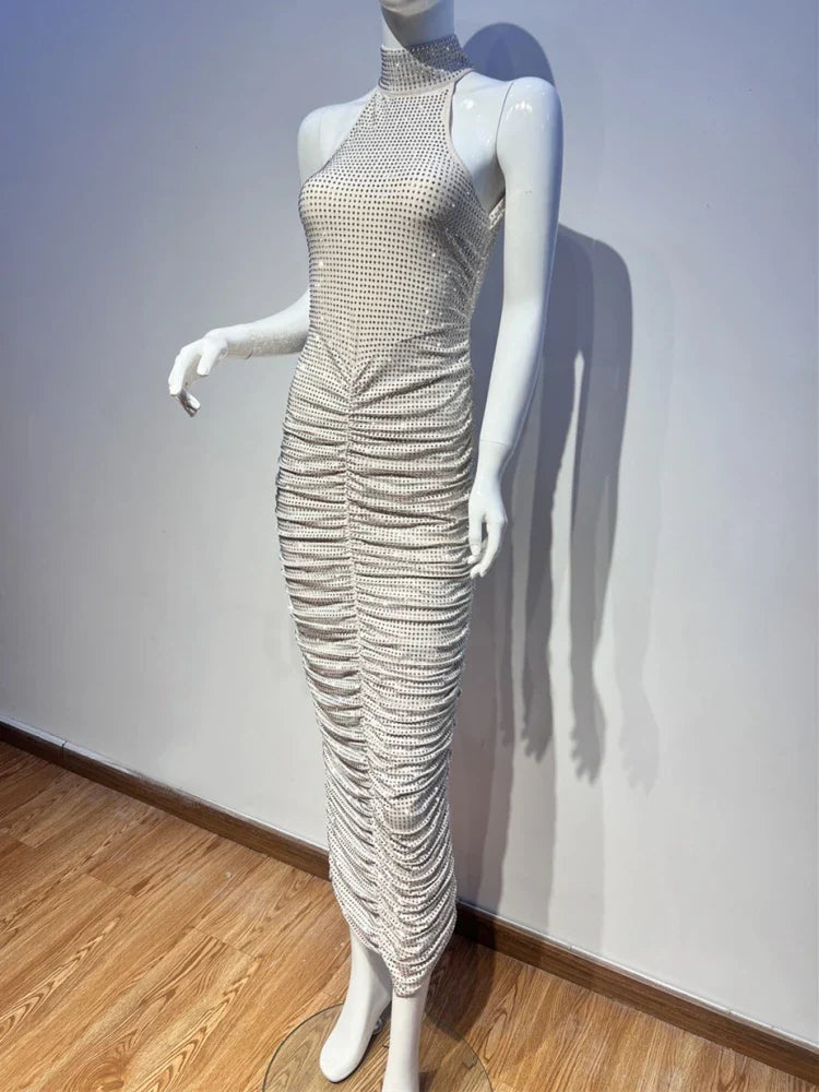 Halter Neck Backless Crystal Fold Long Party Dress