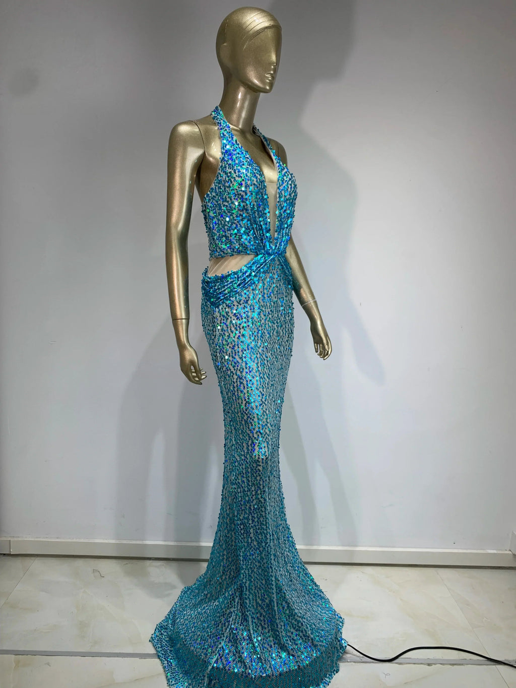 Halter Blue Sequins Glitter Sparkly Maxi Dress