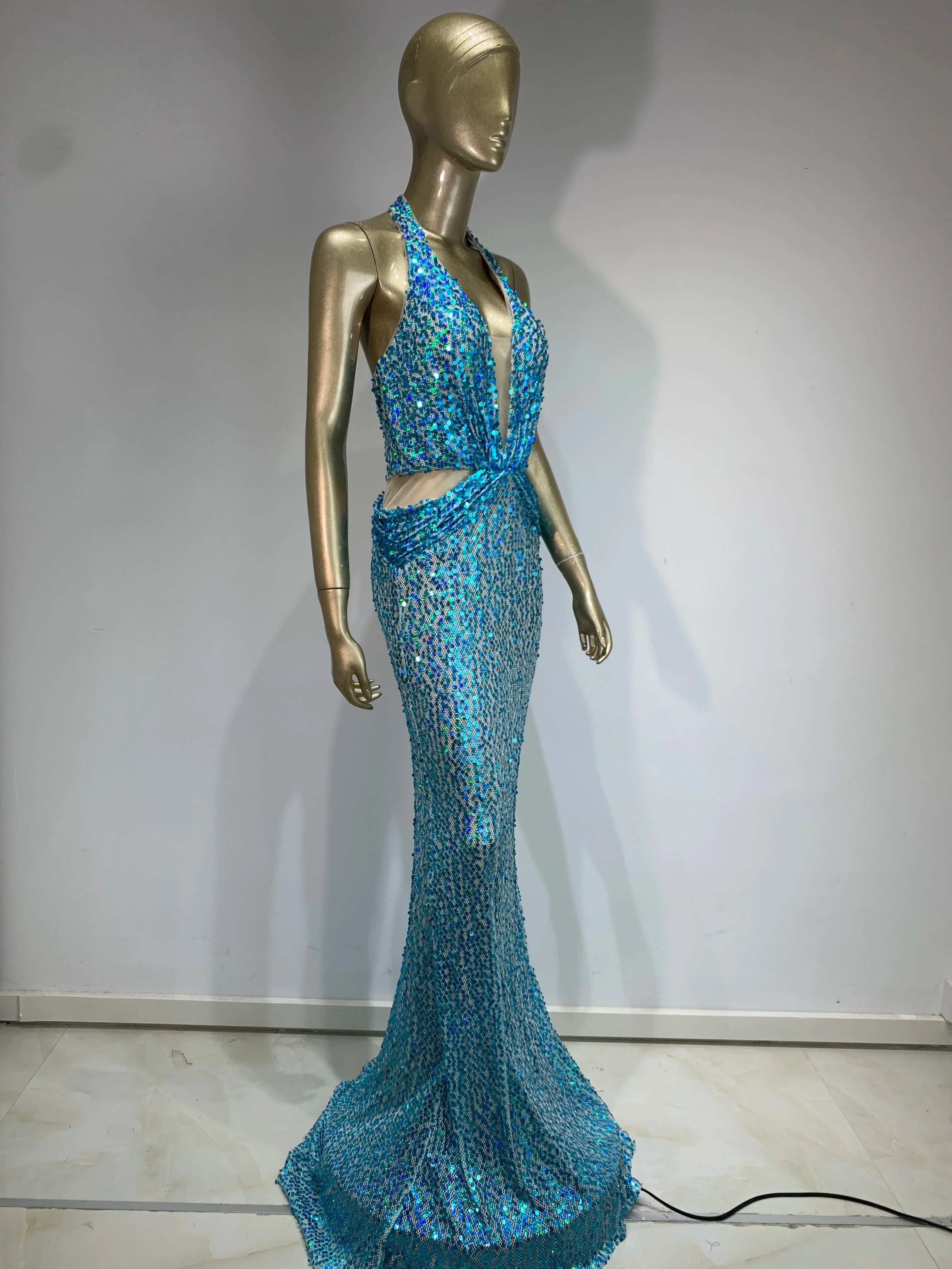 Halter Blue Sequins Glitter Sparkly Maxi Dress