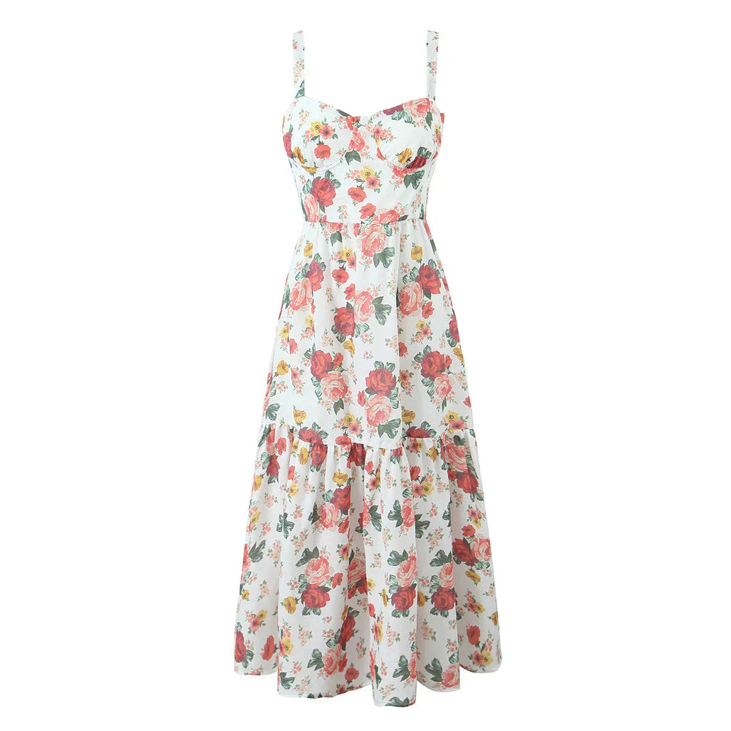 Floral Corset Ruffled Hem Midi Dress