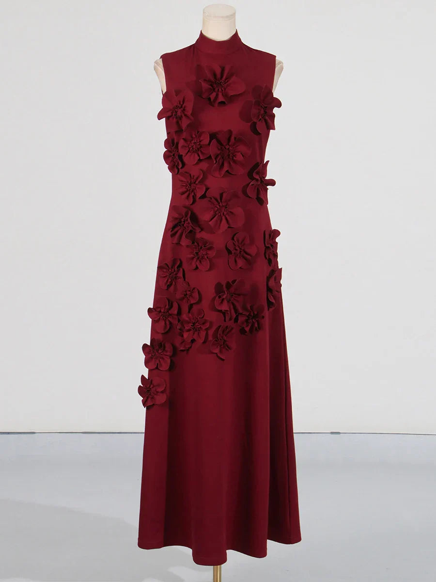 3D Flower Applique Mock Neck Midi Dress