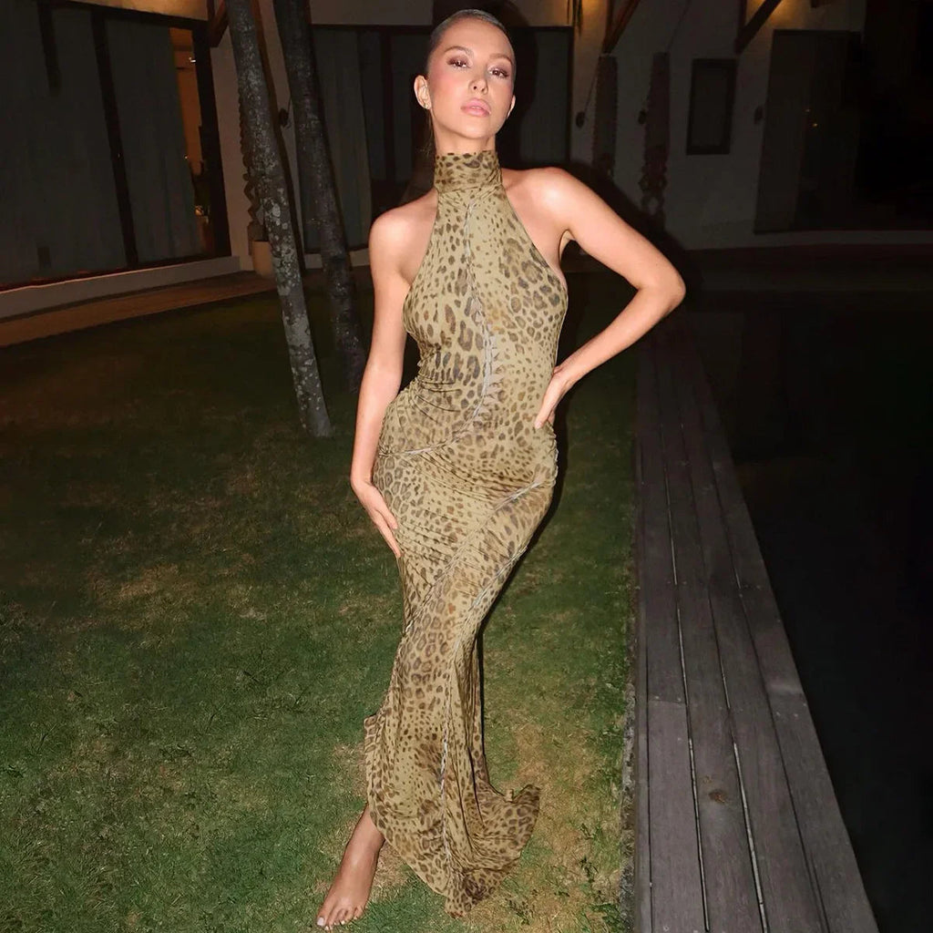 Halter Leopard Embellished Long Party Dress