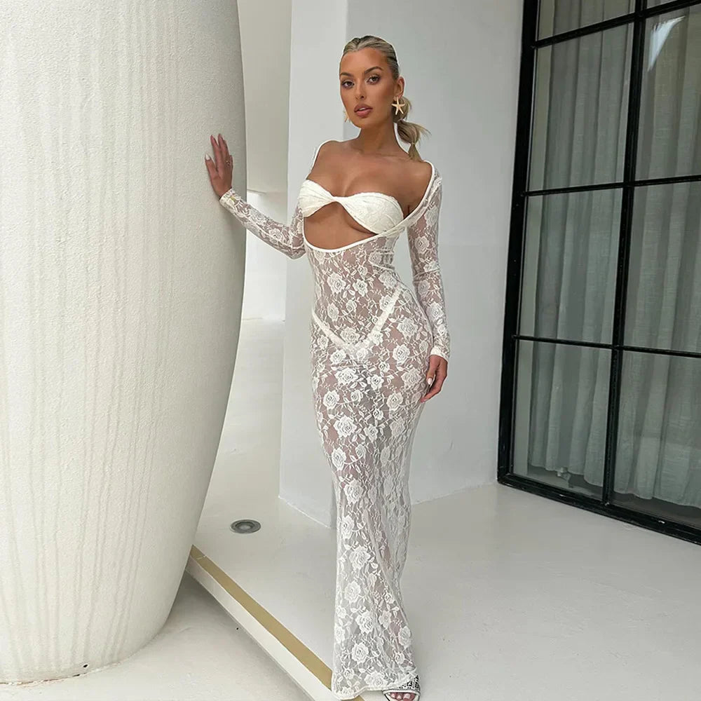 Lace Hollow Out Bodycon Perspective Maxi Dress