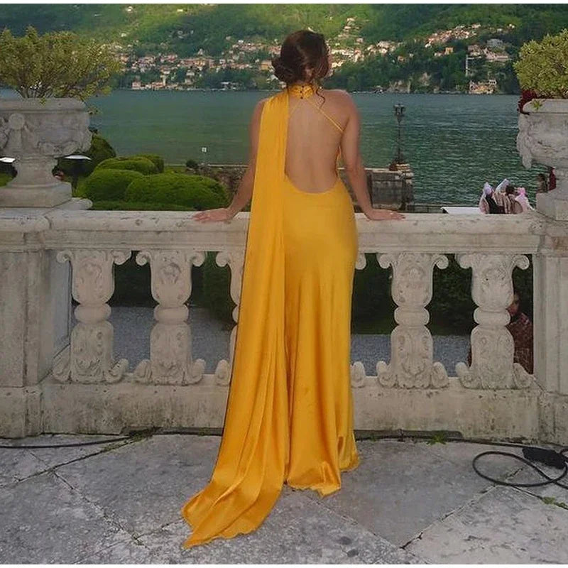 Yellow Satin Backless Lace-Up Off Shoulder Maxi Dress