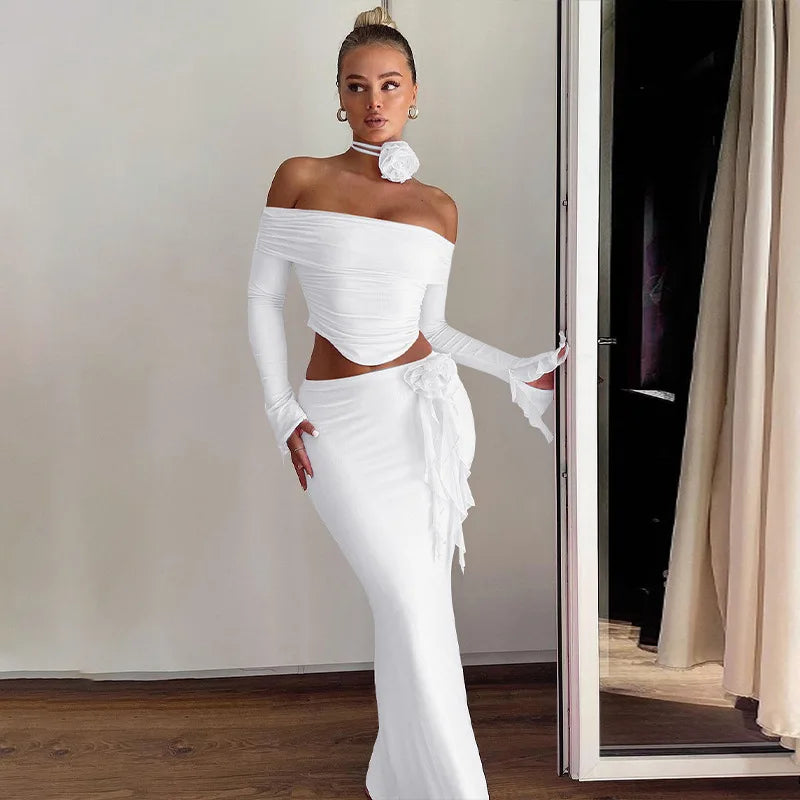 Off Shoulder Crop Top Bodycon Maxi Skirt Set