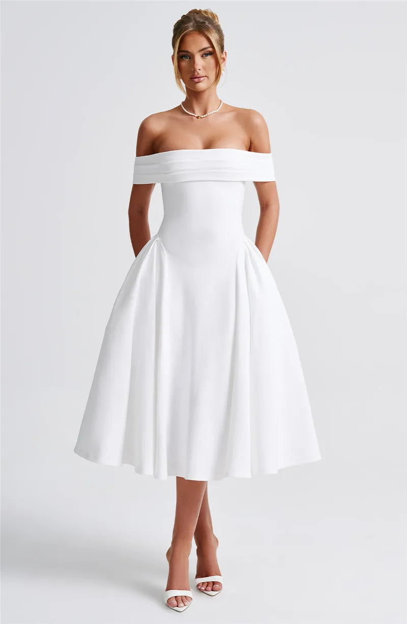 Off Shoulder Flared Elegant Midi Dress