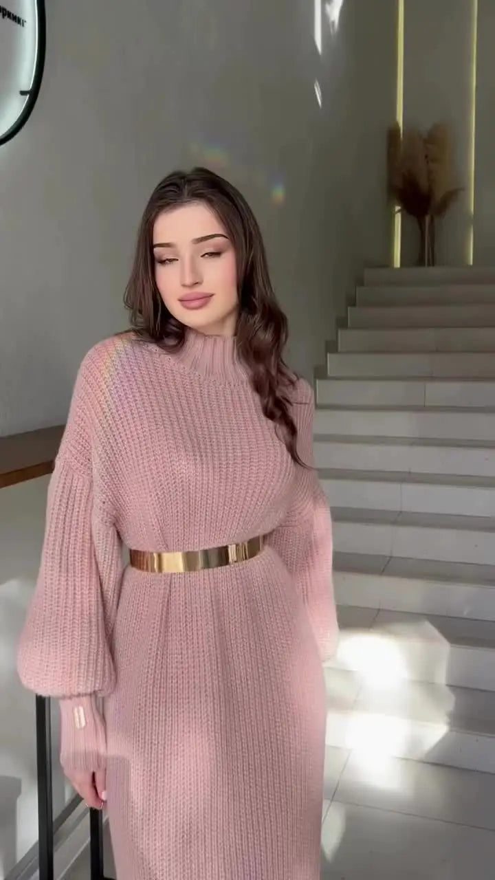 Turtleneck Pullover Belted Solid Party Dress