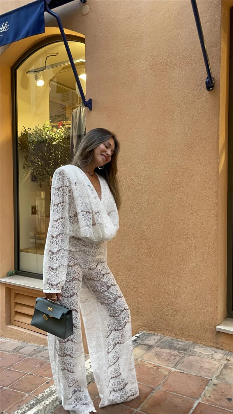 White Lace Two-Piece Loose Pants Party Dress