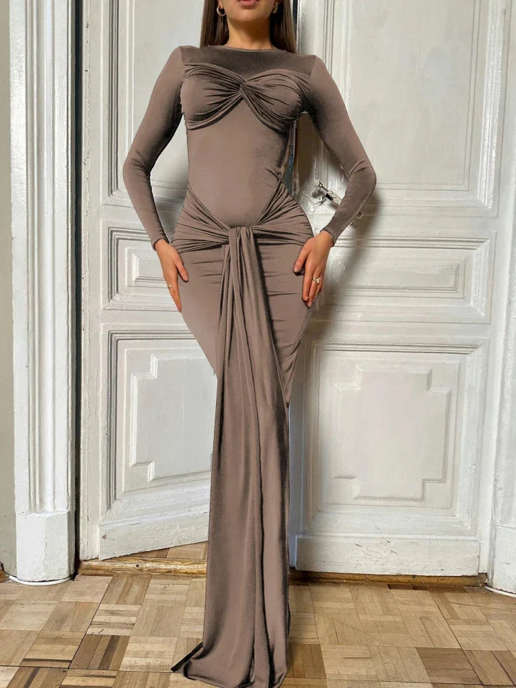 Long Sleeve Pleated Draped Maxi Dress