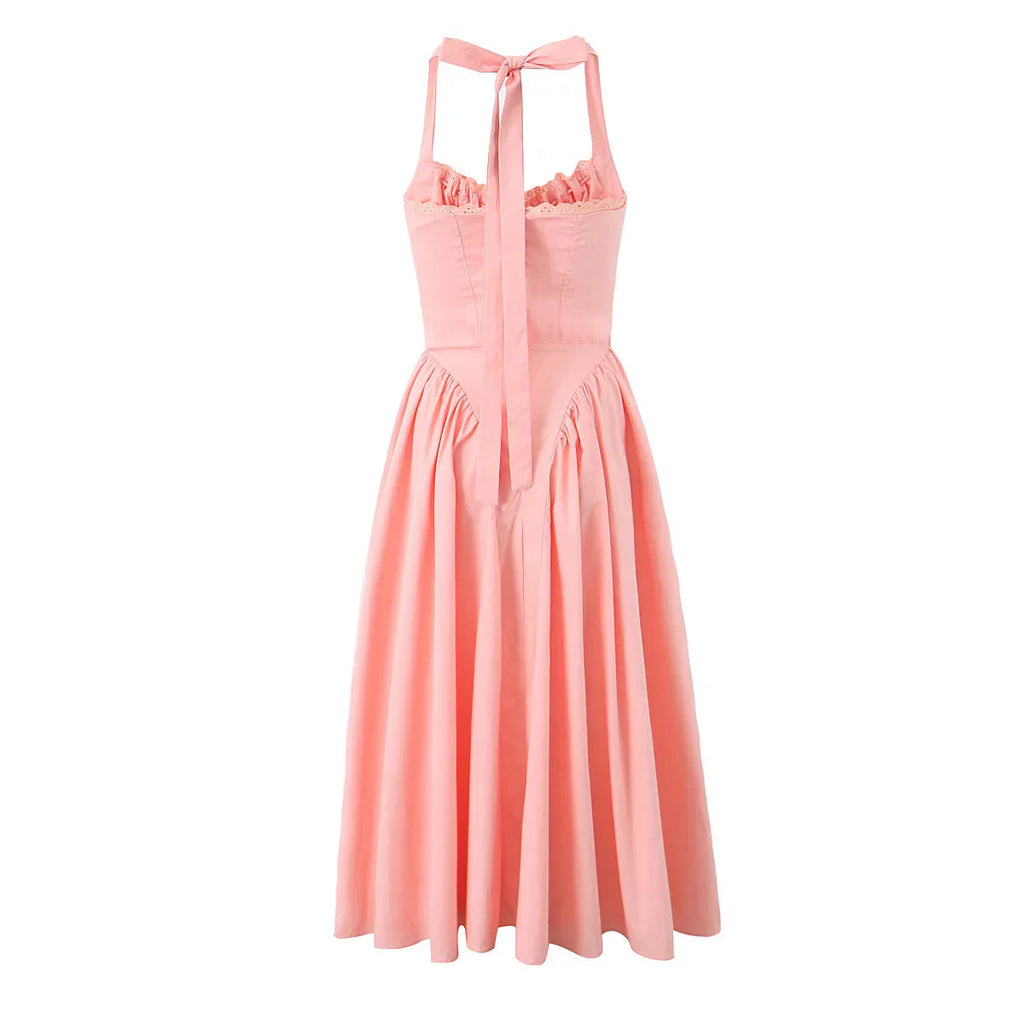 Corset Bow Halter Lace Spliced Midi Dress