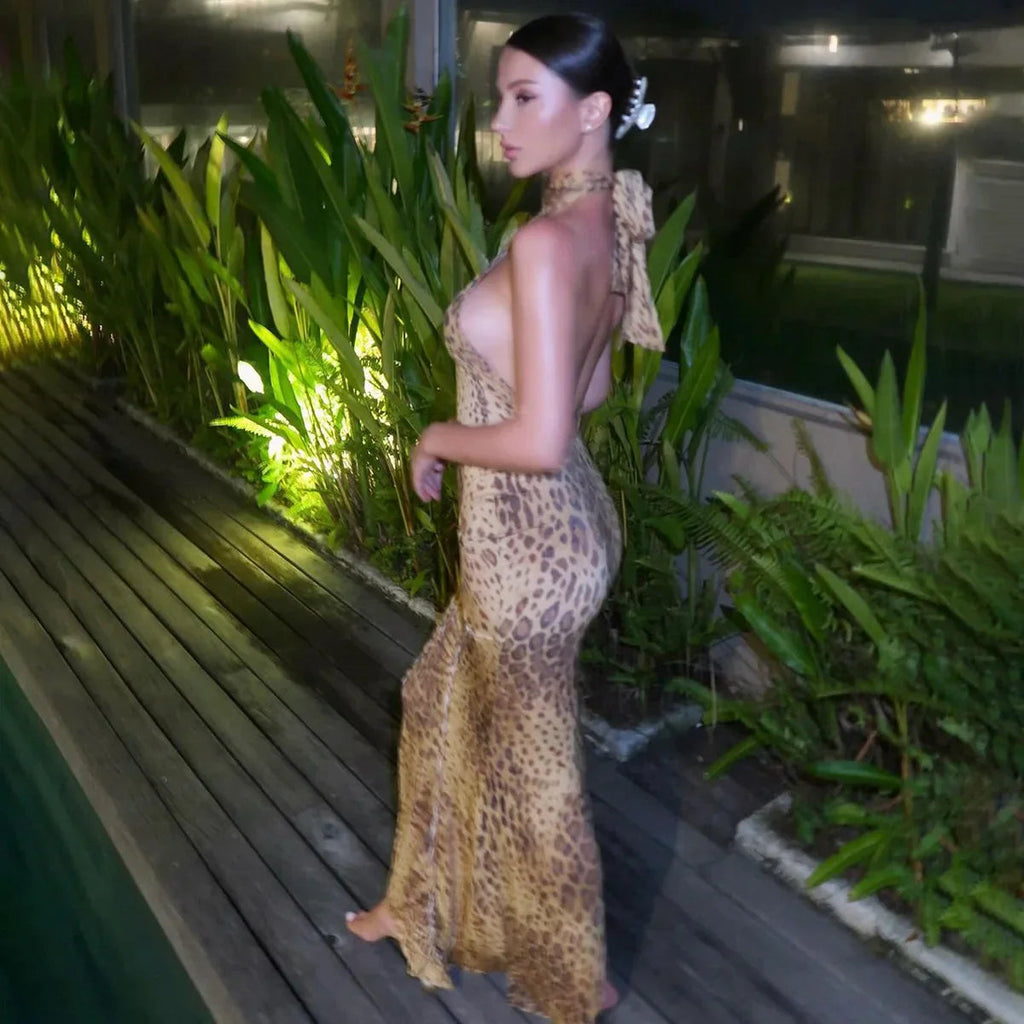 Halter Leopard Embellished Long Party Dress