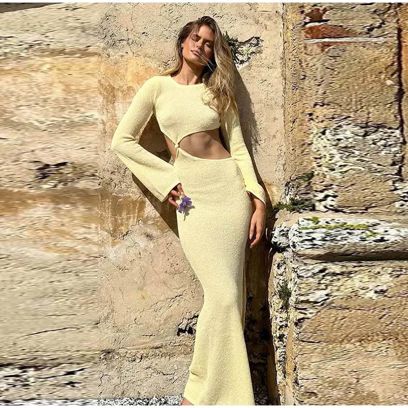 Knitted Hollow O Neck Slit Maxi Dress