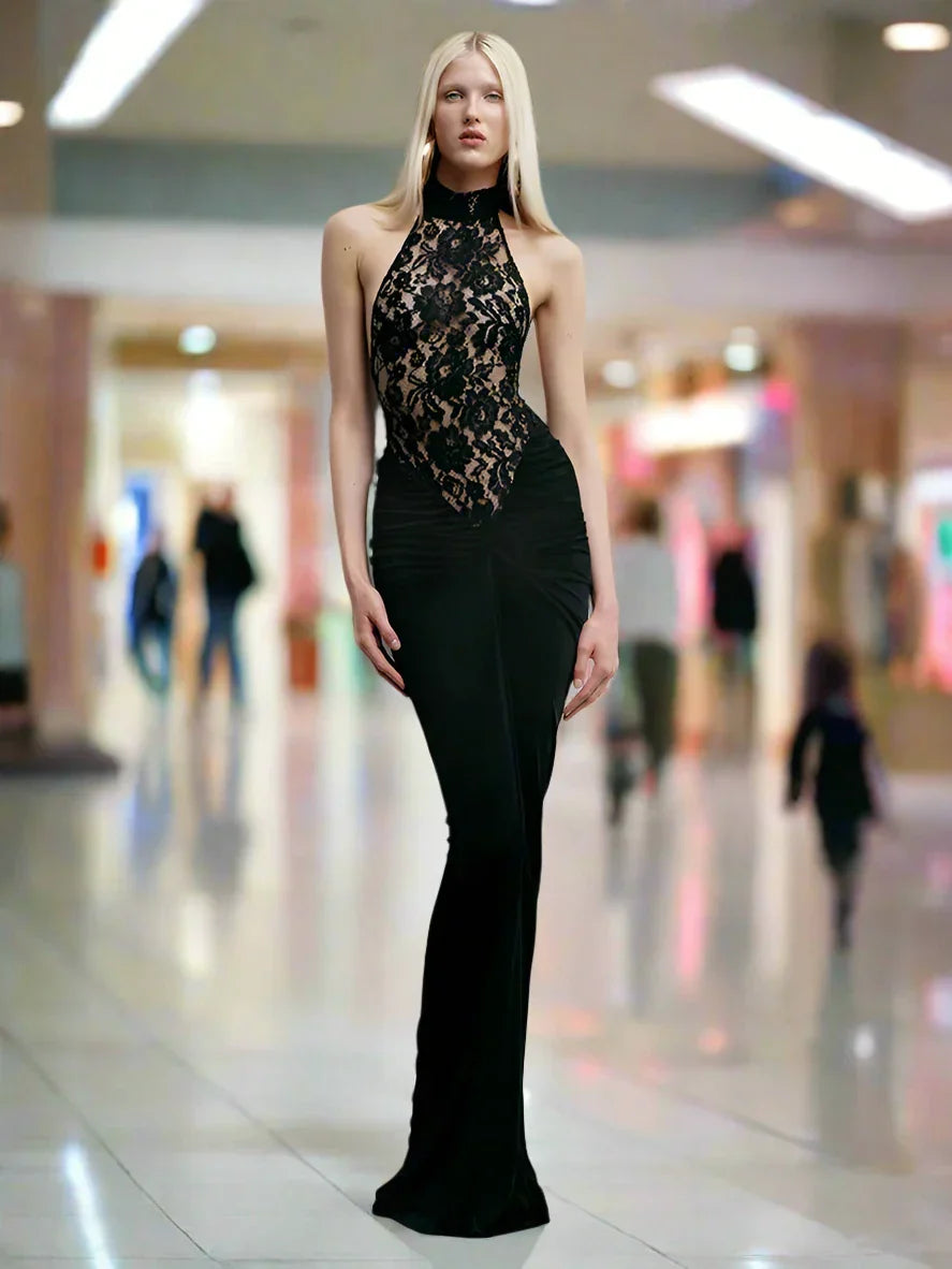 Halter Neck Lace Patchwork Black Strap Maxi Dress