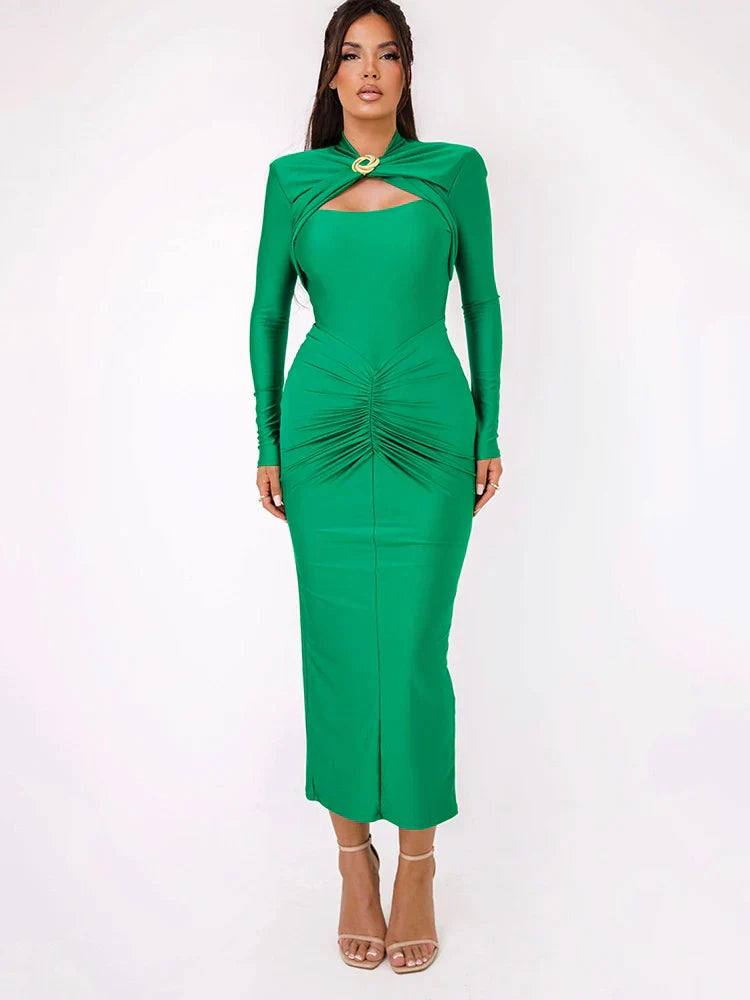 Long Sleeve Pleated Hollow Maxi Dress