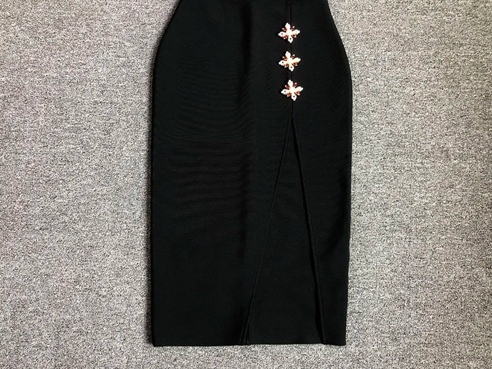 Black Cross Brooch Slit Bandage Midi Dress