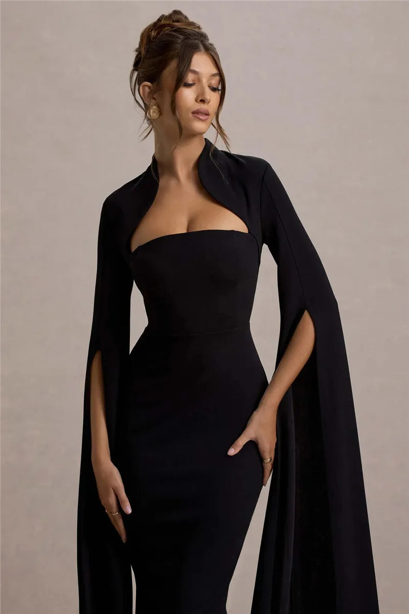 Cape Sleeve Square Neck Elegant Midi Dress