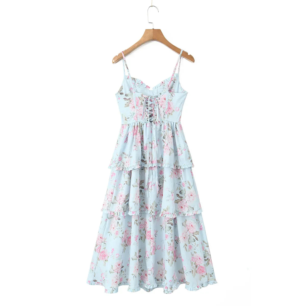 Printed Cross Lacing Back Slit Midi Dress