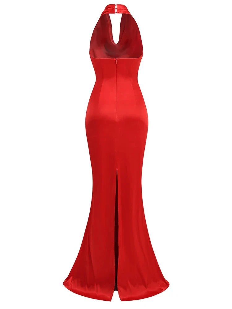 Swing Collar Backless Pleated Red Satin Maxi Dress