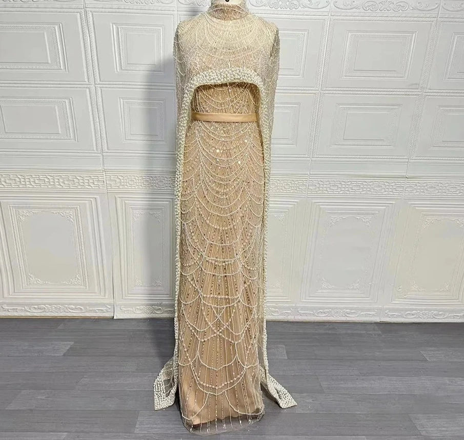 Pearl Mermaid Wedding Cape Evening Party Dress