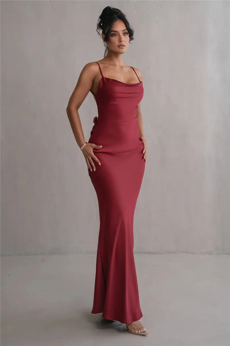 3D Flower Draped Open Back Maxi Dress