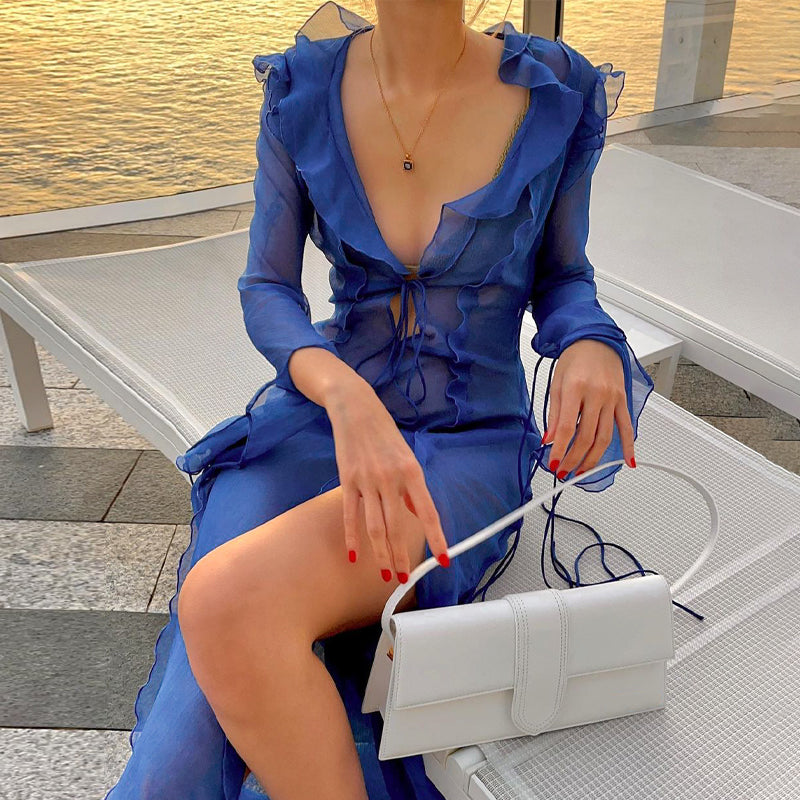 V-Neck Sheer Ruffled Drawstring Maxi Dress