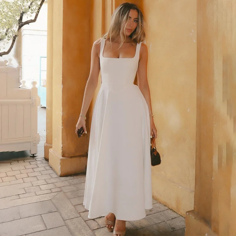 Square Neck Black Strap Spaghetti Maxi Dress