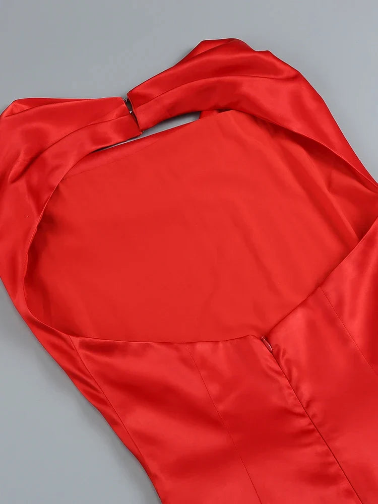 Swing Collar Backless Pleated Red Satin Maxi Dress